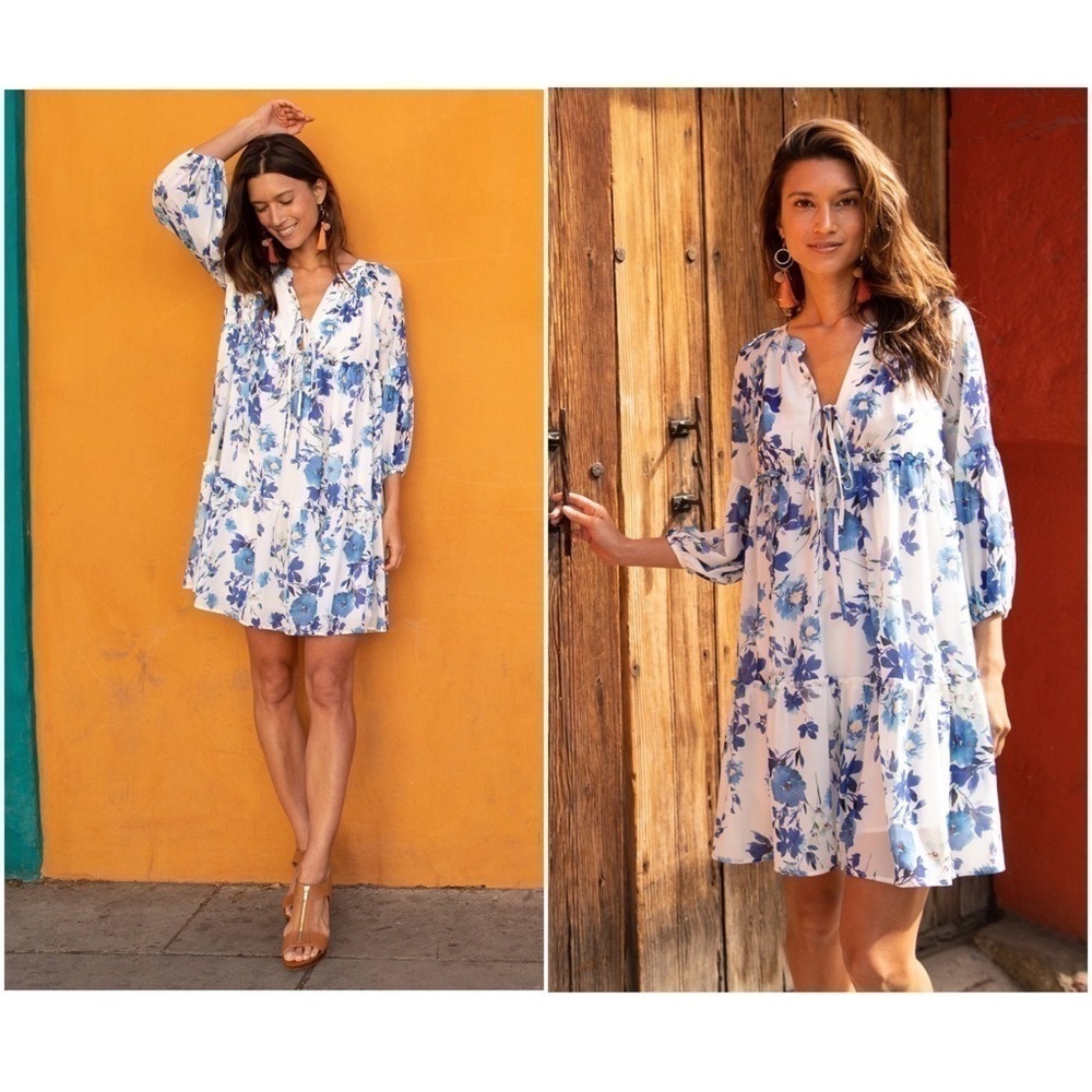 NWT YUMI‎ KIM Tiered Ruffle Getaway Dress in Bluebird Ivory Floral Size XS